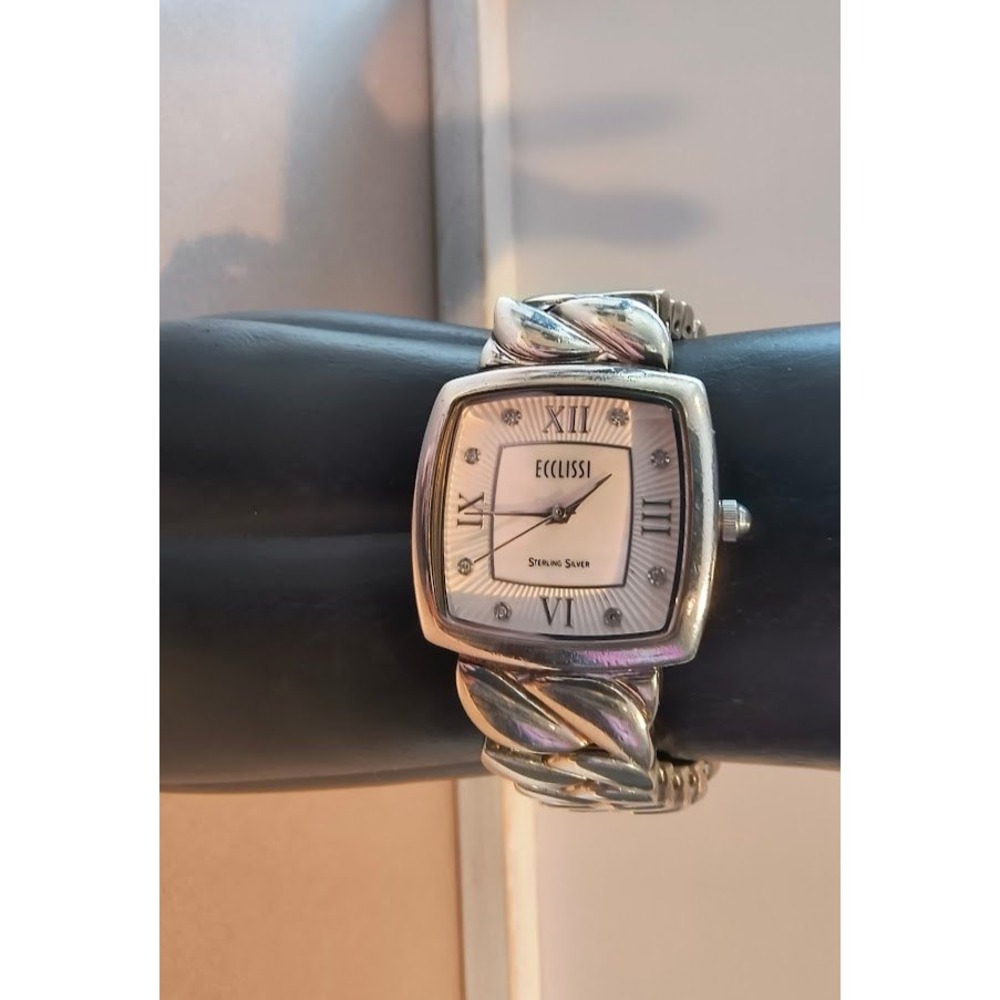 Ecclissi Diamond Ladies Sterling Silver Roman Numeral Square Face Quartz Watch - Picture 2 of 7